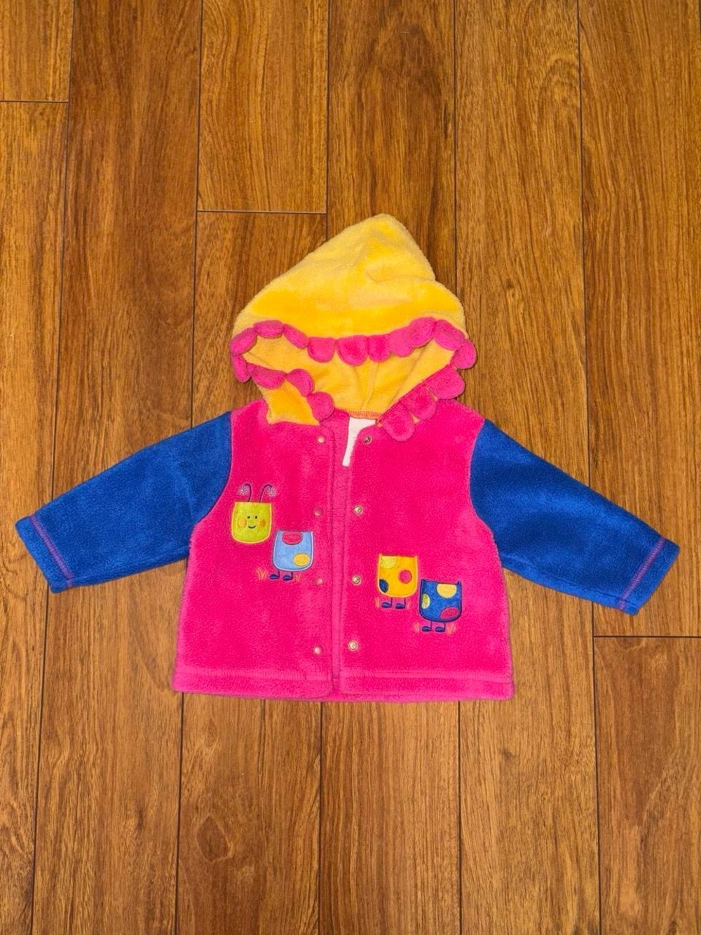 Y2K fleece jacket with colorblock caterpillar and floral hood
